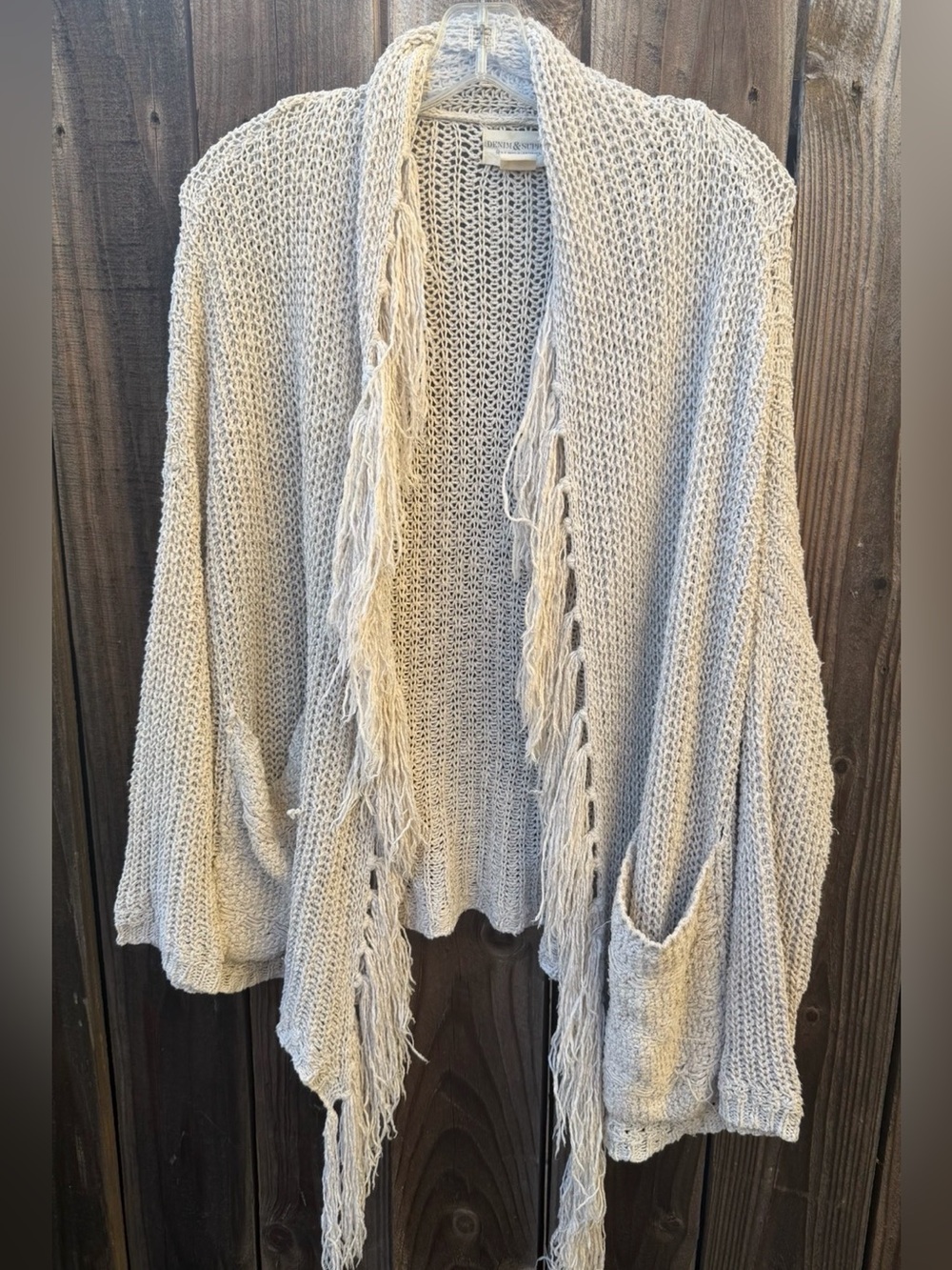 Denim & Supply Ralph Lauren Cream Open-Front Fringe Crochet Knit Cardigan size L